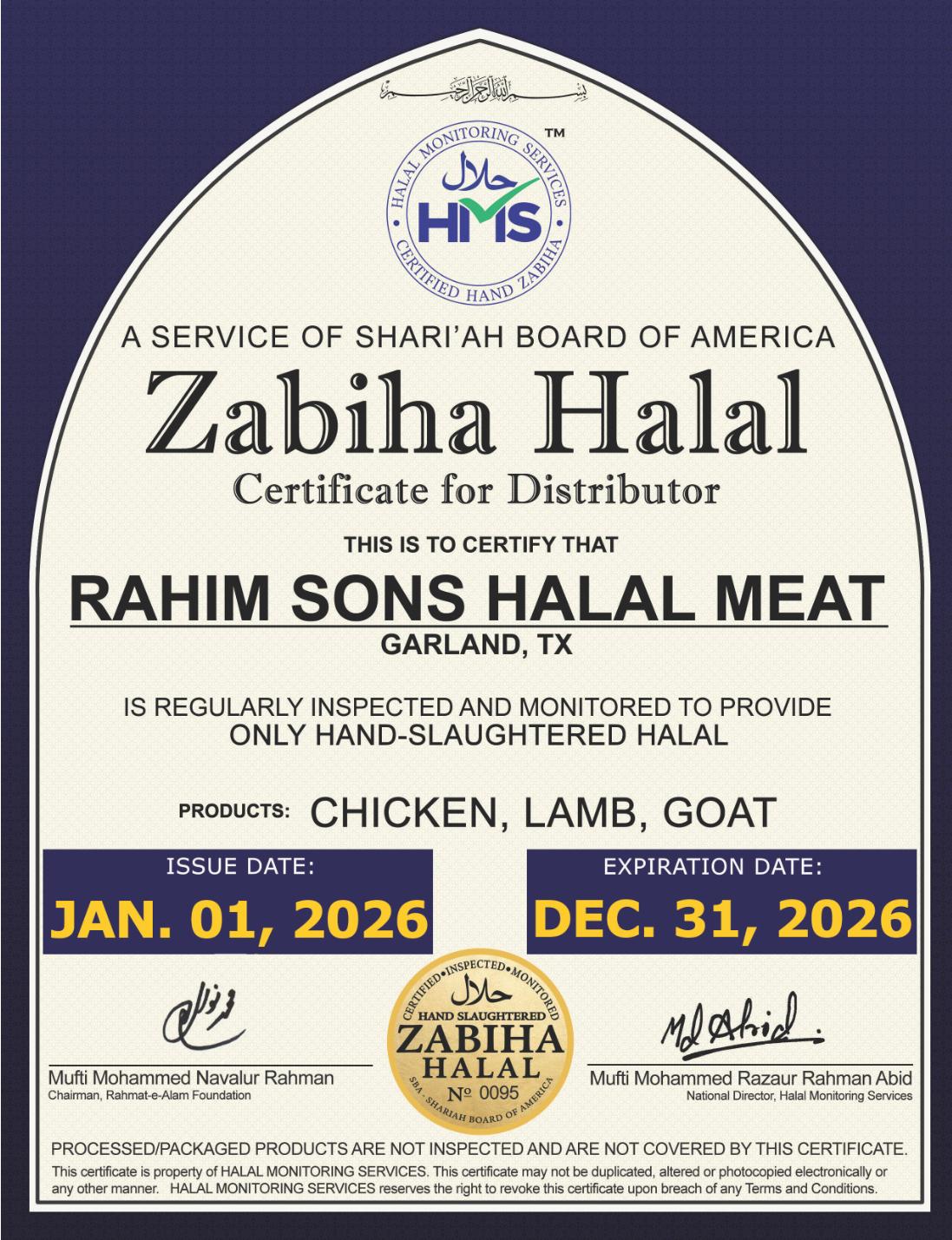 Certified Halal HMS Certificate
